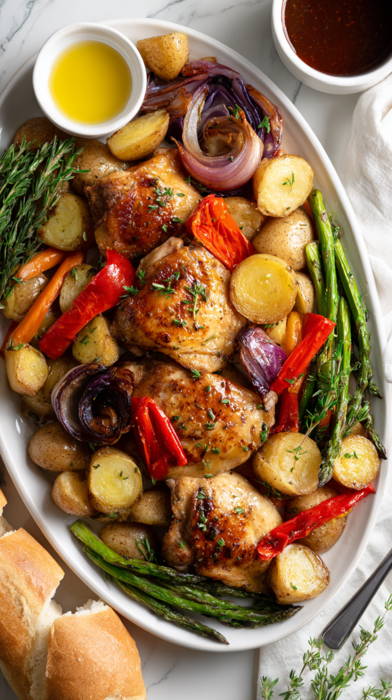 Easy Roasted Garlic Chicken and Garden Veggies Sheet Pan Dinner